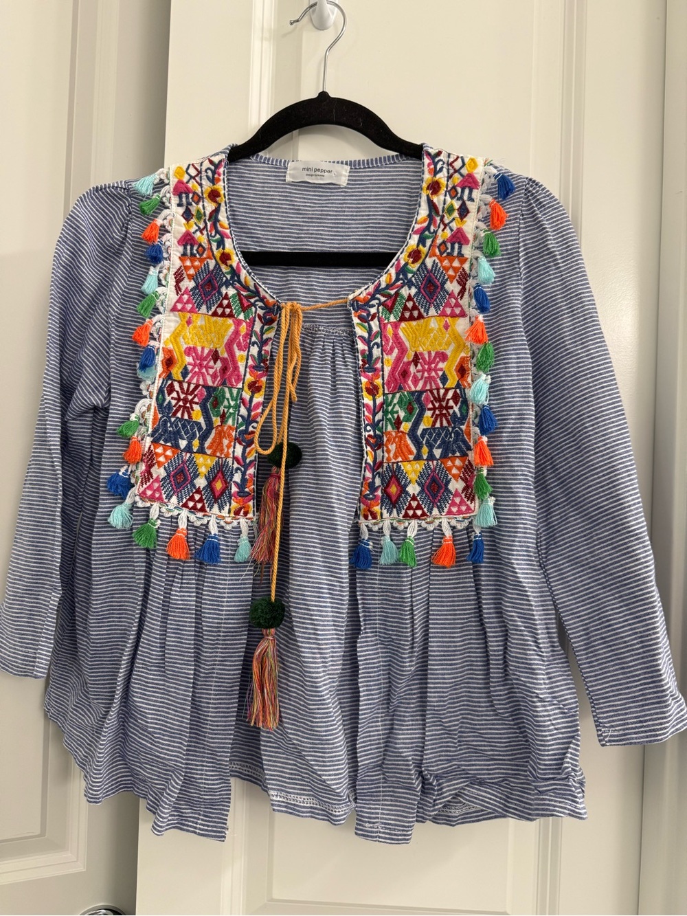 Mini Pepper Boho Striped Tie Front GeometricEmbroidered Tassel Peasant Blouse